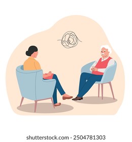 Sad elderly man talking with psychologist on the chairs. Psychological consultation. Vector flat style illustration