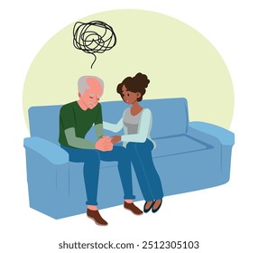 Sad elderly man talking with psychologist on the sofa. Psychological support. Doldrums concept. Vector flat cartoon illustration