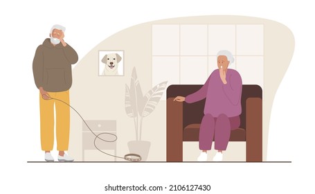  Sad elderly man tells his wife he lost dog on walk. Elderly woman in shock. Dog got lost or ran away. Senior couple grieves about dog at home. Pet portrait on wall. Flat vector illustration