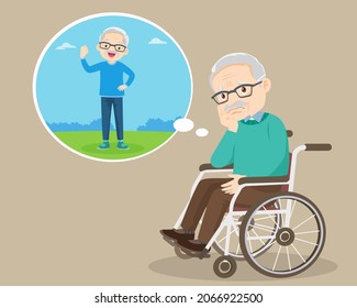 sad elderly man in wheelchair thinking about healthy times
