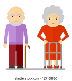 Sad elderly with walkers. Conceptual image of people of retirement age. Cartoon flat vector illustration. Objects isolated on a background. 