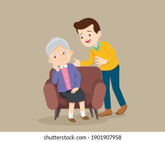Sad elderly woman Bored, Sad Senior woman sitting and man comforting upset her ,father consoling Grandmother  
