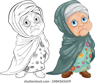 Sad elderly woman with expressive eyes and shawl