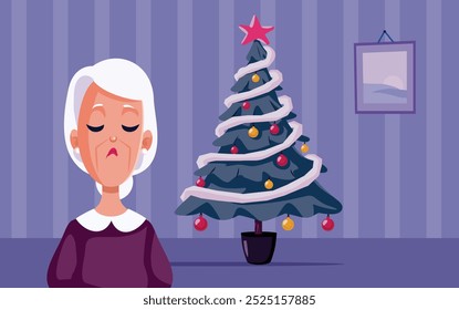 
Mujer mayor triste que se siente sola en ilustración de dibujos animados de Vector de Navidades. Abuela deprimida estando sola en casa durante las vacaciones 
