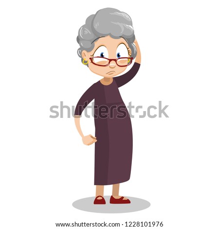 Sad elderly woman in glasses standing and holding his head. Upset grey haired granny with headache cartoon animated personage. Unhealthy female pensioner wearing brown dress vector illustration.