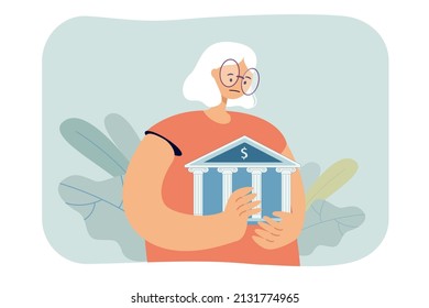 Sad elderly woman holding tiny bank building. Retired cartoon person upset about pension flat vector illustration. Retirement, finances concept for banner, website design or landing web page