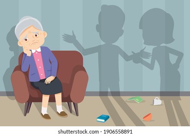 Sad Elderly woman sitting Sofa, unhappy family couple quarrelling on background. Family problems