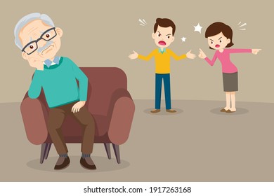 Sad Elderly woman sitting Sofa, unhappy family couple quarrelling on background. Family problems