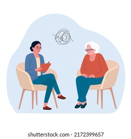 Sad elderly woman talking with psychologist on the chairs. Vector flat style illustration