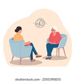 Sad elderly woman talking with psychologist on the chairs. Psychological consultation. Vector flat style illustration