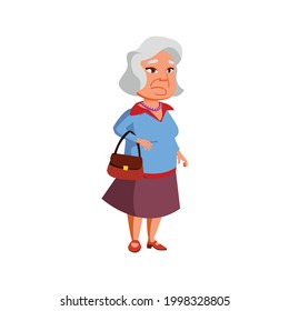  sad elderly woman waiting tram on stop character. isolated flat cartoon illustration