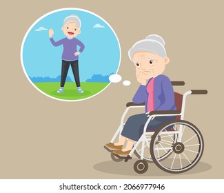 sad elderly woman in wheelchair thinking about healthy times