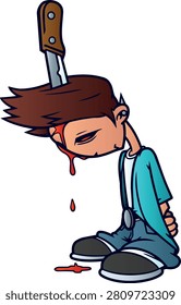 SAD EMO BOY CARTOON VECTOR ILLUSTRATION. DEPRESSED TEENAGER WITH KNIFE IN HEAD CONCEPT