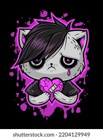 Sad emo kitten with broken heart on the bright pink liquid elements. Vector illustration, can be used as T-shirt print. Black, pink and grey series.