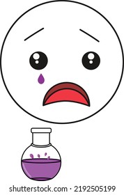 Sad emoji with with a bottle of tears. Vector sticker
