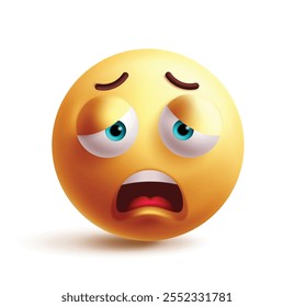 Sad emoji clipart 3d character. Emojis face in frown, upset, despair, grief, stress, frustrated and unhappy facial expression graphic element. Vector illustration yellow round emoticon clip art.