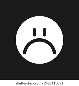 Sad emoji dark mode glyph ui icon. Feelings expression. Feedback. User interface design. White silhouette symbol on black space. Solid pictogram for web, mobile. Vector isolated illustration
