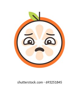 Sad emoji. Sad despondent orange fruit emoji feeling like crying. Vector flat design emoticon icon isolated on white background.