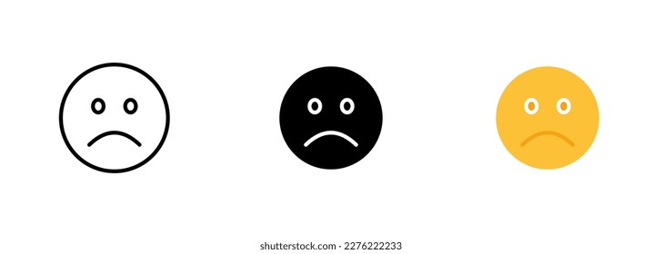 Sad emoji, with downturned eyebrows and a frown, expressing feelings of sadness or disappointment. Vector set of icons in line, black and colorful styles isolated.