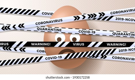 Peligro por el riesgo biológico en cuarentena y el huevo emoticono triste de Pascua. rayas blancas y negras. Coronavirus Covid y feliz concepto cancelado de Pascua. Ilustración del vector 