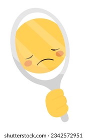 Sad emoji face in a hand mirror. Mirror with handle icon vector.
Concept of low self esteem, sadness, body image, feeling ugly, depressed.Reflection of how one looks when having a disease, anorexia.