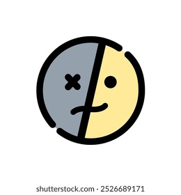 Sad emoji face icon. Mental health, feeling, emotion, bipolar disorder, burnout concept. Outline cartoon character vector design isolated illustration.