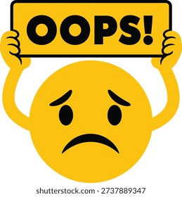 Sad emoji holding OOPS sign, regretful face expression vector illustration, mistake error symbol for digital communication and warning design