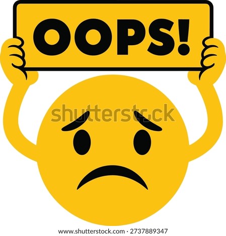 Sad emoji holding OOPS sign, regretful face expression vector illustration, mistake error symbol for digital communication and warning design