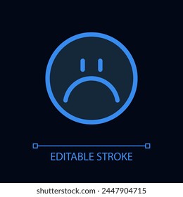 Sad emoji pixel perfect glassmorphism ui icon for dark theme. Unsatisfied. Color filled line element with transparency. Isolated vector pictogram for night mode. Editable stroke. Arial font used