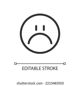 Sad emoji pixel perfect linear ui icon. Feelings expression. Feedback. Unsatisfied client. GUI, UX design. Outline isolated user interface element for app and web. Editable stroke. Arial font used