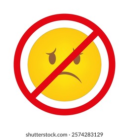 Sad emoji. Prohibited sign icon. Yellow unhappy face. Restriction vector symbol.