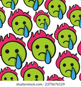 sad emoji in vector.pattern with a subcultural object.crying emoji on fire. pattern for fabric, background, print. Series of teenage patterns and icons