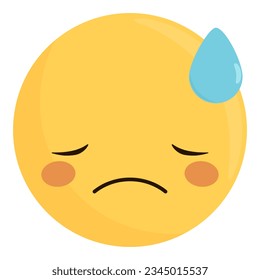 Sad emoji with water drop on forehead, tear blue. Sweating face gesture emoticon expression.
Concept of discouragement, depressive tear, embarrassed,dejected, frustration, anxiety, resignation, tired