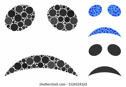 Sad emote smiley composition for sad emote smiley icon of small circles in various sizes and color hues. Vector small circles are united into blue composition.