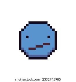 Sad emoticon, blue face pixel art icon. Cartoon character. Show the language of emotion. Flat style. 8-bit style. Isolated abstract vector illustration.