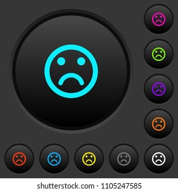 Sad emoticon dark push buttons with vivid color icons on dark grey background