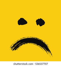 Sad emoticon. Emoji of negative feelings. Unhappy face. Painted emotion icon. Grunge brush strokes design. Distressed texture. Vector illustration. For social networks, internet messages
