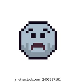 Sad emoticon with eyes wide open, pixel art icon, gray face, smile cartoon character. 8-bit flat style. Isolated abstract colorful vector illustration.