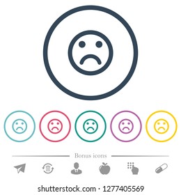 Sad emoticon flat color icons in round outlines. 6 bonus icons included.
