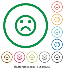 Sad emoticon flat color icons in round outlines