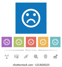 Sad emoticon flat white icons in square backgrounds. 6 bonus icons included.