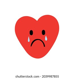Sad emoticon heart shaped doodle vector illustration. Sticker red heart with sad emotion and tears. Hand drawn