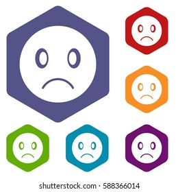 Sad emoticon icons set rhombus in different colors isolated on white background