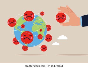 Sad emoticon, no happiness on world map across globe. Negative attitude. Flat vector illustration