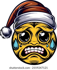 a sad emoticon with a Santa hat