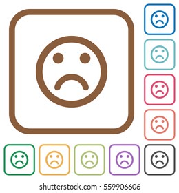 Sad emoticon simple icons in color rounded square frames on white background