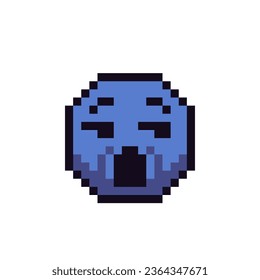 Sad emoticon, upset blue face with slack jaw pixel art icon. Cartoon character, language emotion. Flat style. 8-bit style. Isolated abstract vector illustration.