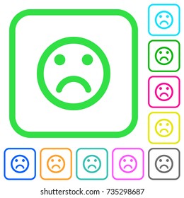 Sad emoticon vivid colored flat icons in curved borders on white background
