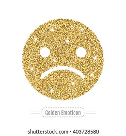 Sad emoticon without smile icon, golden glitter emotional sign. Vector 