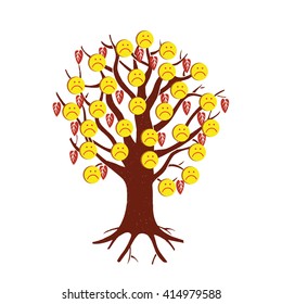 sad emoticons in the form of fruits on a tree. the metaphor of autumn and bad mood